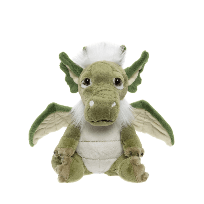 Signals green dragon plush by Charlie Bears Cuddle Cubs, pocket-sized dragon soft toy with wings and fluffy white tuft