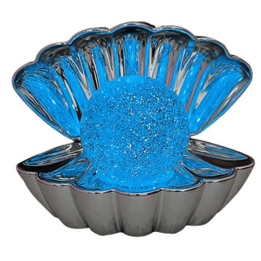 Silver metallic colour changing LED clam lamp with glowing blue glitter pearl night light.