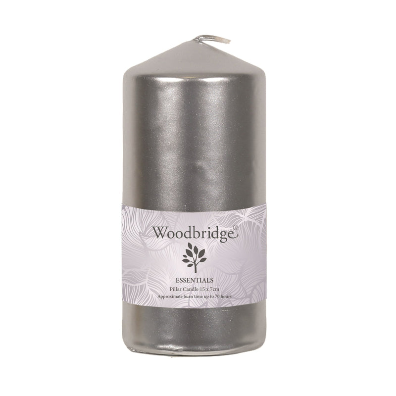 Silver Metallic Unscented Pillar Candle 15x7cm - Something Different Gift Shop