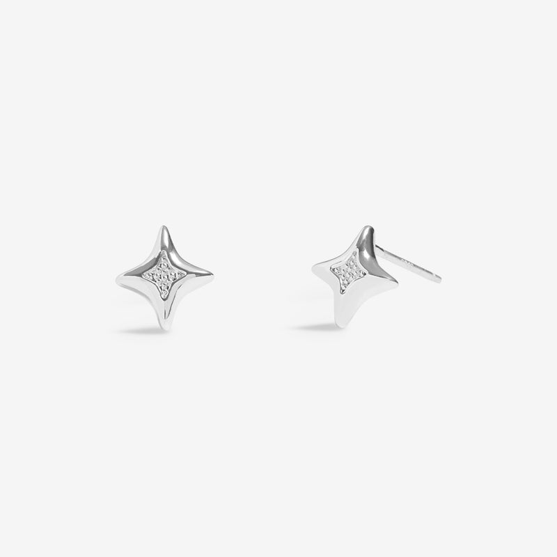 “Front view of silver‑plated starburst stud earrings with pavé centre”

