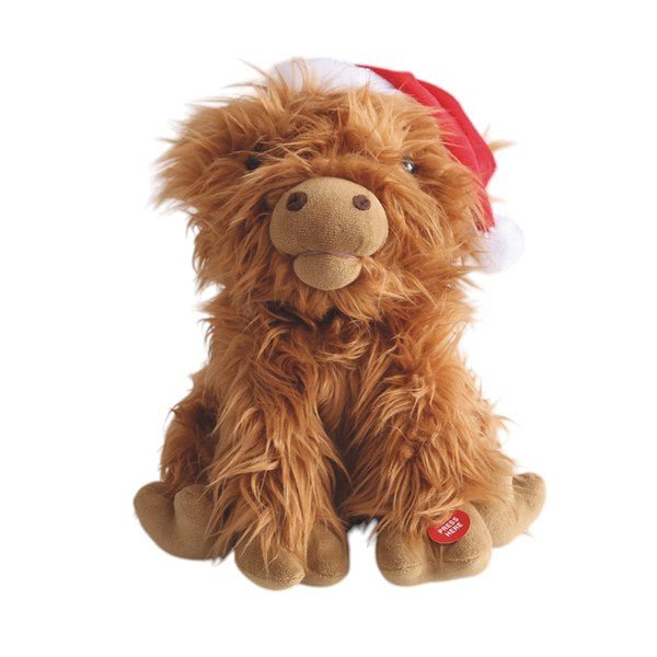 30cm animated Highland cow plush in Santa hat, singing and dancing

