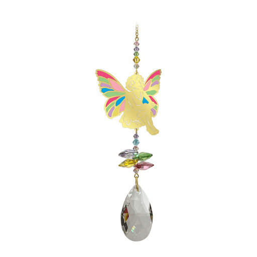Sitting Fairy confetti crystal suncatcher with mirror-gold motif and clear crystal drop, Window Jewels rainbow maker on white background.