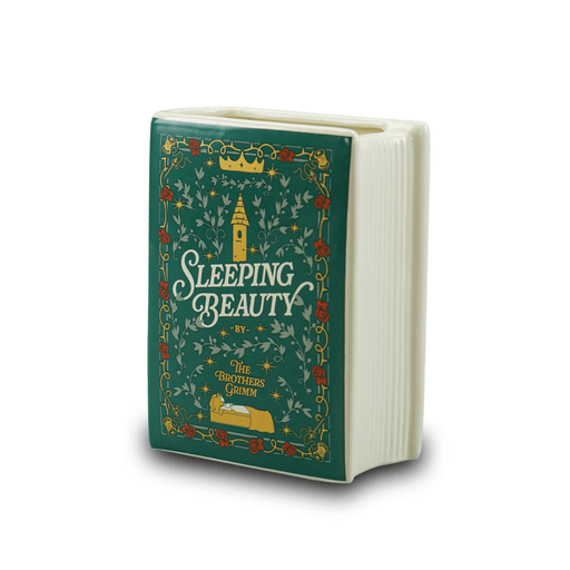 Sleeping Beauty ceramic book vase angled front view