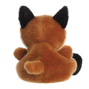 Rear view of Sly Fox plush toy with fluffy russet tail and black ear tips
