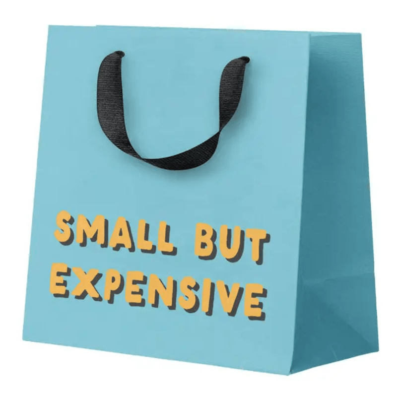 Small But Expensive funny mini gift bag by Ohh Deer with blue design and black handles
