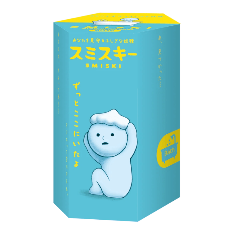 Blue Smiski Bath Series Blind Box packaging featuring Smiski Shampooing