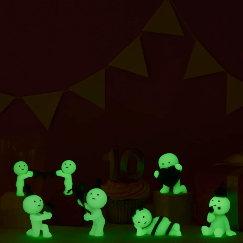 Smiski Birthday Series collectable figures glowing in the dark