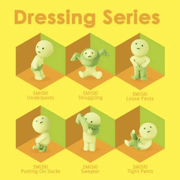 Six Smiski Dressing Series collectable figures showing different dressing poses