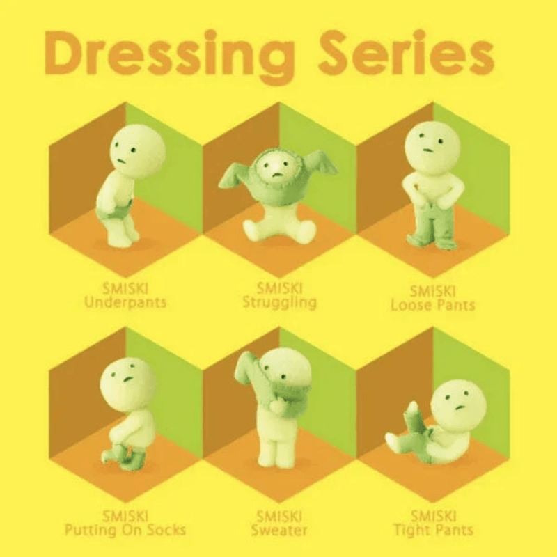 Six Smiski Dressing Series collectable figures showing different dressing poses