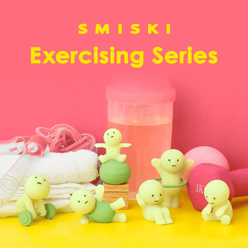 Smiski Exercising Series figures doing crunches, aerobics, dumbbell training, stretching and other exercises