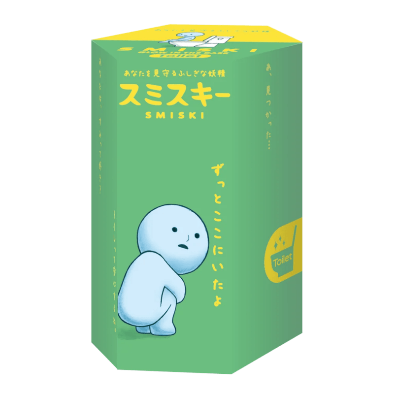 Green Smiski Toilet Series Blind Box packaging featuring a blue Smiski figure