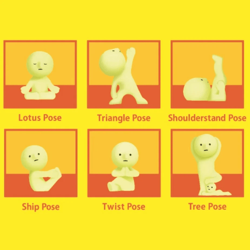 Six Smiski Yoga Series figures showing different yoga poses