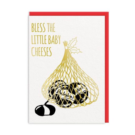 White Christmas card with gold-foil net of mini cheeses and text Bless the Baby Cheeses; A6, blank inside, red envelope by Smitten Kitten