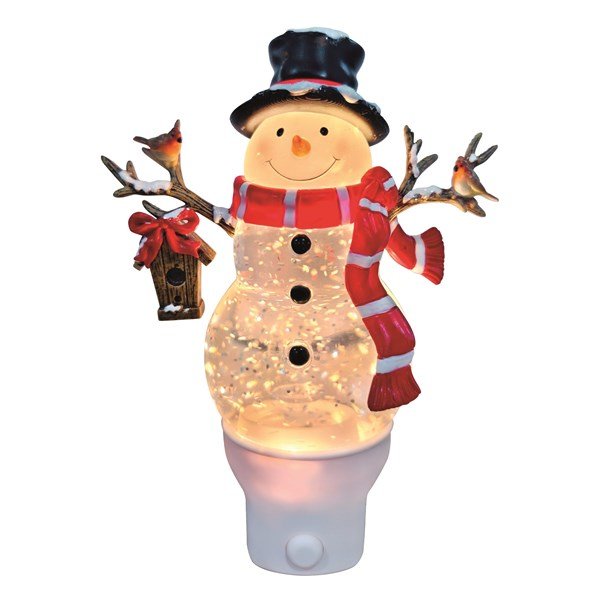 18cm plug-in snowman night light with hat, red scarf and robins, warm LED glow and glitter spinner, white background.
