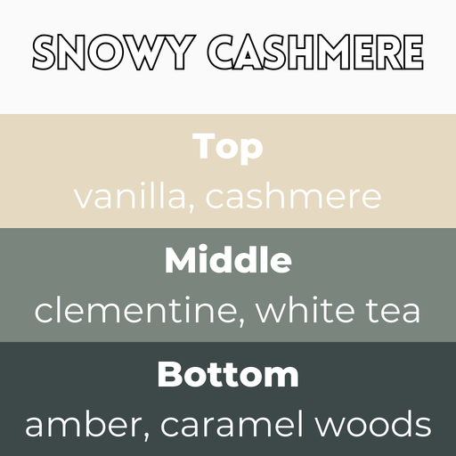 Snowy Cashmere scent card with wax melt fragrance details and themed background