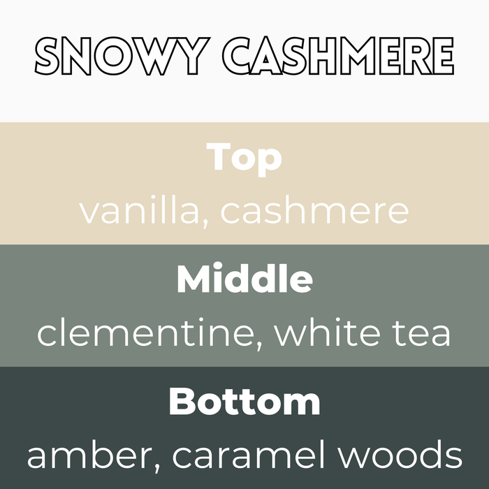 Snowy Cashmere scent card with wax melt fragrance details and themed background