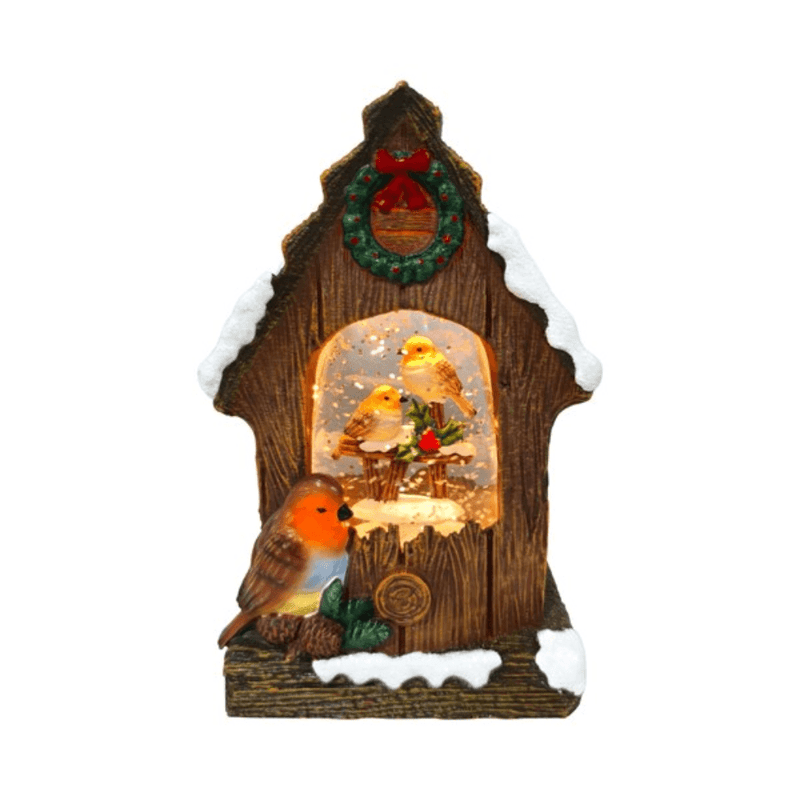 Illuminated snowy robin birdhouse water spinner with swirling glitter