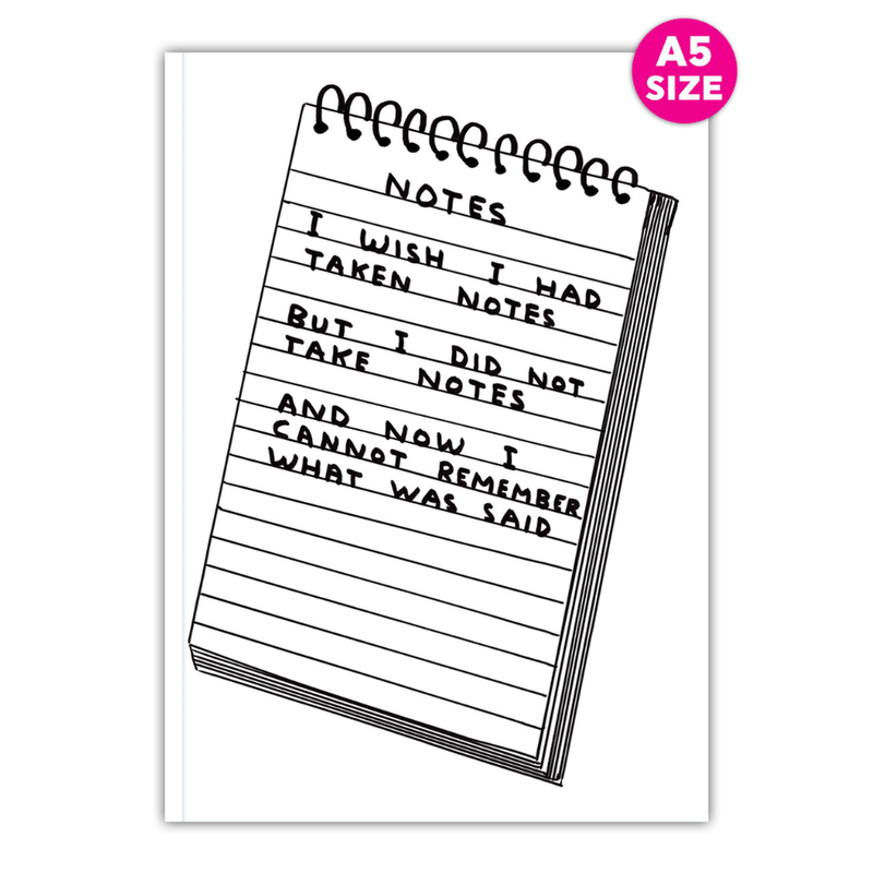 Front cover of A5 notebook with David Shrigley illustration of lined pad and text about wishing notes had been taken.

