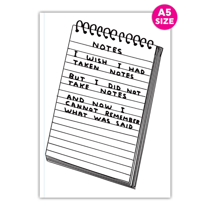 Front cover of A5 notebook with David Shrigley illustration of lined pad and text about wishing notes had been taken.

