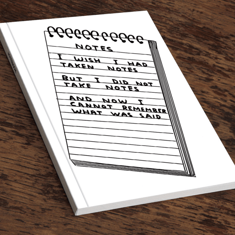 Angled view of David Shrigley “Wish I’d Taken Notes” A5 notebook on a wooden table.

