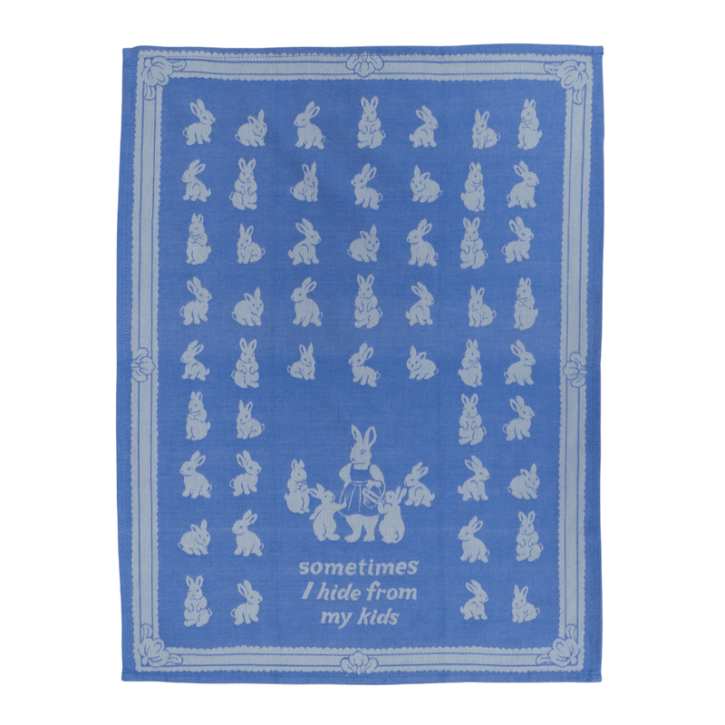Full view of Sometimes I Hide From My Kids tea towel with bunny pattern