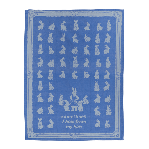 Full view of Sometimes I Hide From My Kids tea towel with bunny pattern