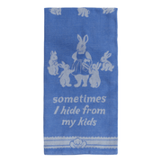 Sometimes I Hide From My Kids tea towel with vintage bunny design