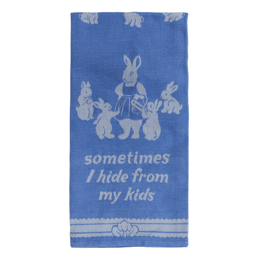 Sometimes I Hide From My Kids tea towel with vintage bunny design