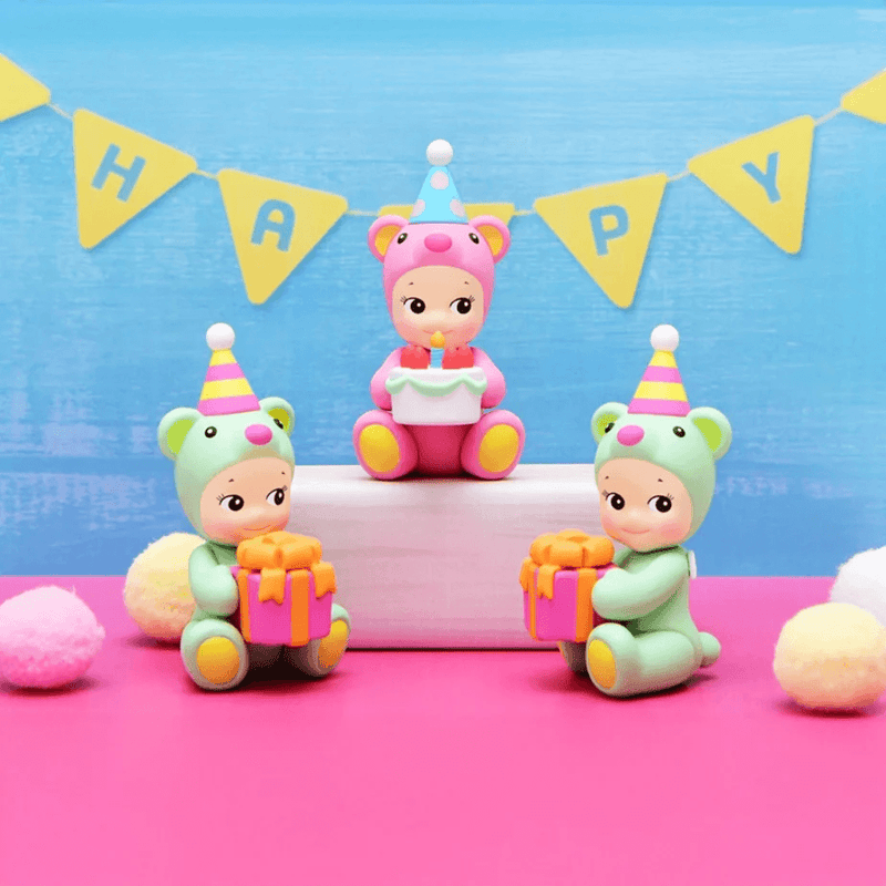 Sonny Angel Birthday Gift Bear figures with party hats, birthday presents and colourful bunting
