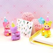 Pink, purple and yellow Sonny Angel Birthday Gift Bear figures displayed with a birthday card