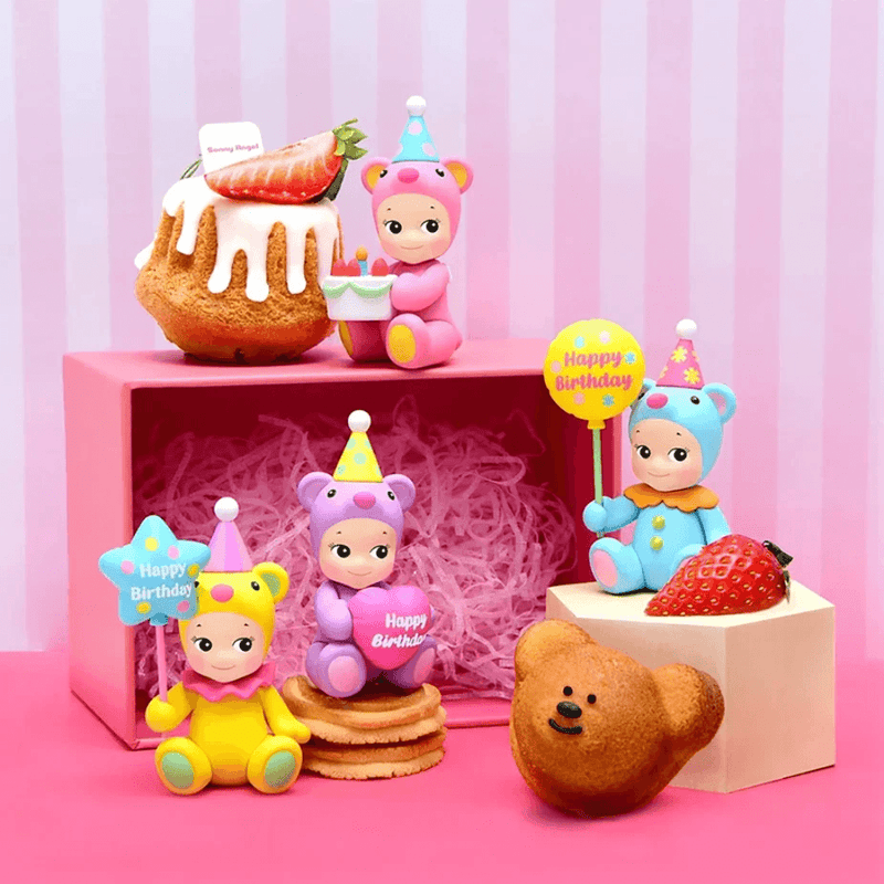 Sonny Angel Birthday Gift Bear mini figures in colourful teddy bear costumes with birthday balloons and cake