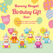 All six Sonny Angel Birthday Gift Bear Series mini figures holding balloons, gifts, hearts and cake
