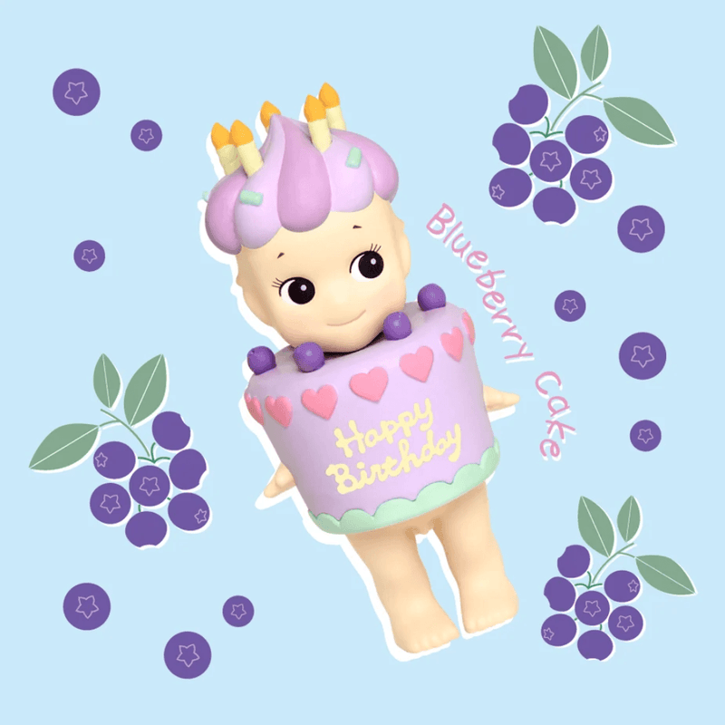 Sonny Angel Birthday Gift Blueberry Cake mini figure with purple frosting, pink hearts and blueberries