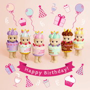 Six Sonny Angel Birthday Gift Cake mini figures with candles, colourful icing and Happy Birthday decorations