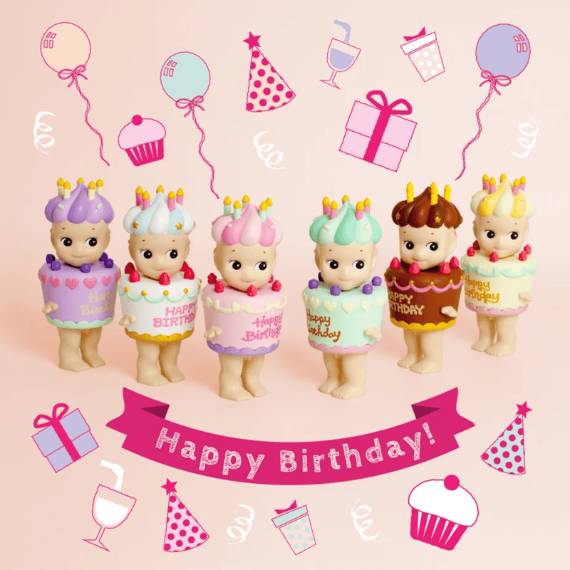 Six Sonny Angel Birthday Gift Cake mini figures with candles, colourful icing and Happy Birthday decorations