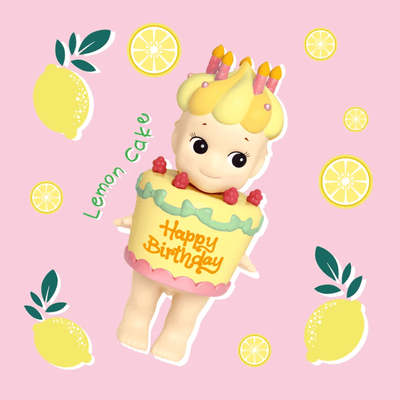 Sonny Angel Birthday Gift Lemon Cake mini figure with yellow icing, candles and raspberry decorations