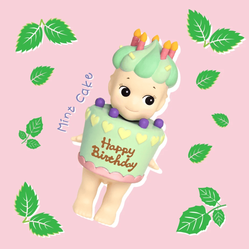 Sonny Angel Birthday Gift Mint Cake mini figure with pastel green icing, purple toppings and tiny hearts