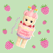 Sonny Angel Birthday Gift Raspberry Cake mini figure with pink frosting and raspberry decorations