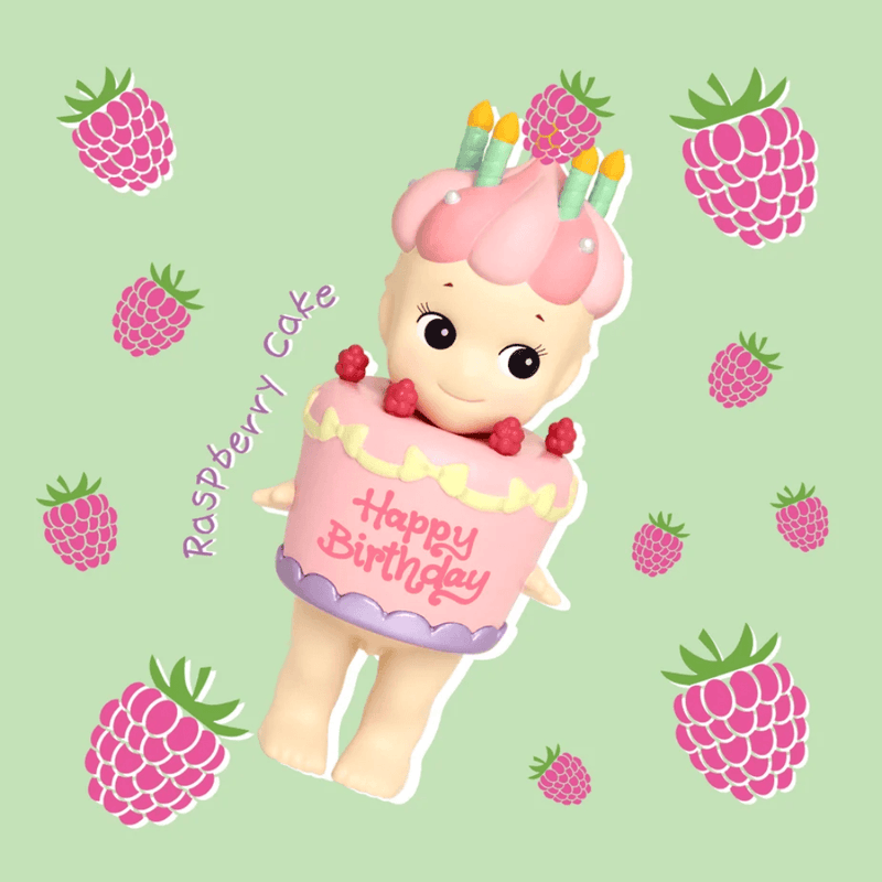Sonny Angel Birthday Gift Raspberry Cake mini figure with pink frosting and raspberry decorations