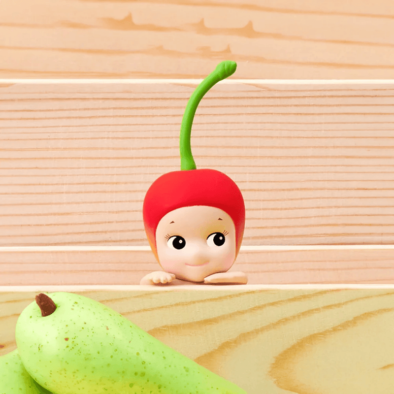 Cherry Sonny Angel Hippers Harvest figure peeking over a wooden edge