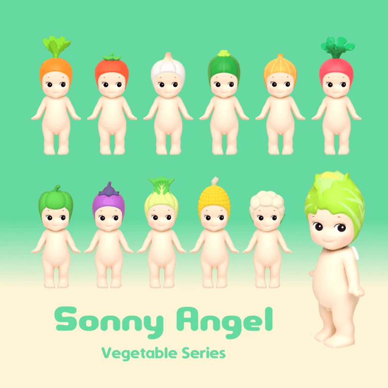 Complete Sonny Angel Vegetable Series collection showing 12 vegetable-inspired mini figure designs