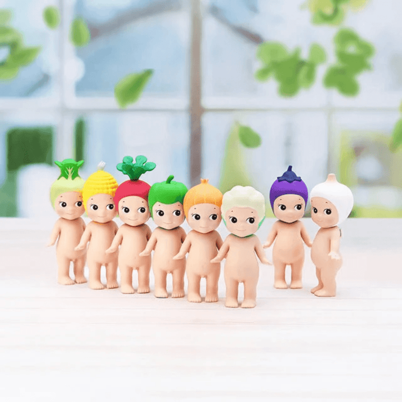 Eight Sonny Angel Vegetable Series mini figures displayed together on a white tabletop