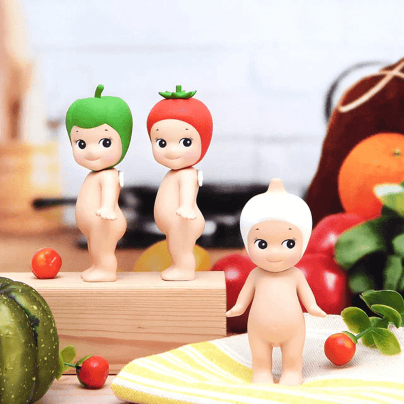 Green Pepper, Tomato and Garlic Sonny Angel Vegetable Series figures displayed in a kitchen setting
