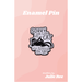 Black and white enamel pin with a lounging cat and text saying Sorry I am late my cat was sitting on me, on a pink backing card.