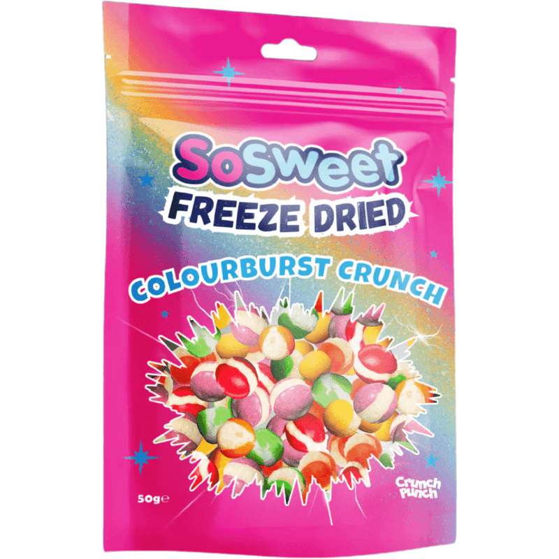 SoSweet freeze dried Colourburst Crunch crunchy fruity sweets 50g packaging close-up