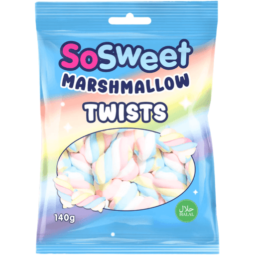 SoSweet colourful twisted vanilla marshmallow sweets 140g packaging close-up