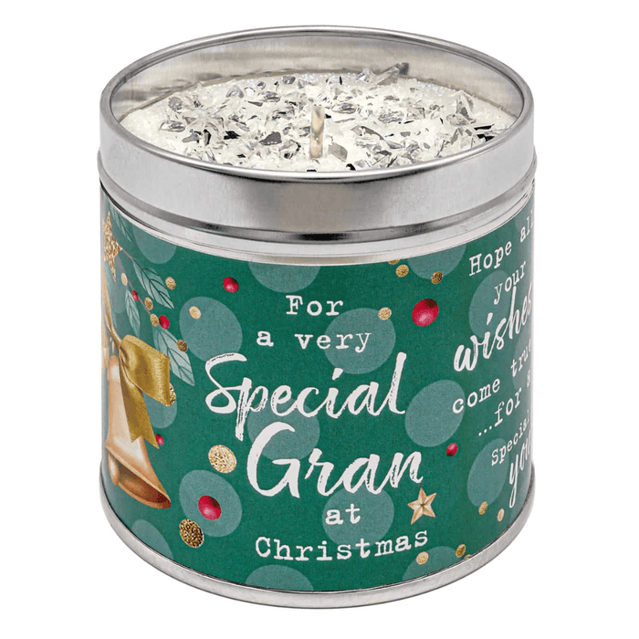 Green Special Gran Christmas candle tin with glittering wax top, Cranberries & Orange scent, 50-hour burn.