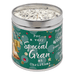 Green Special Gran Christmas candle tin with glittering wax top, Cranberries & Orange scent, 50-hour burn.