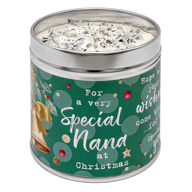 Green Special Nana Christmas candle tin with glittering wax top, Cranberries & Orange scent, 50-hour burn.
