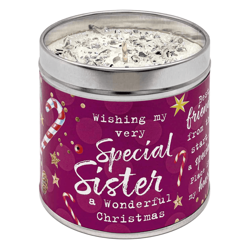 Purple Special Sister Christmas candle tin with glittering wax top, Cranberries & Orange scent, 50-hour burn.